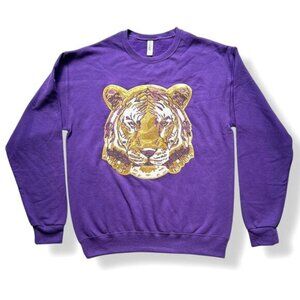 LSU Tiger Full Color Sequin Purple Crew Neck Sweatshirt size unisex M Gold White
